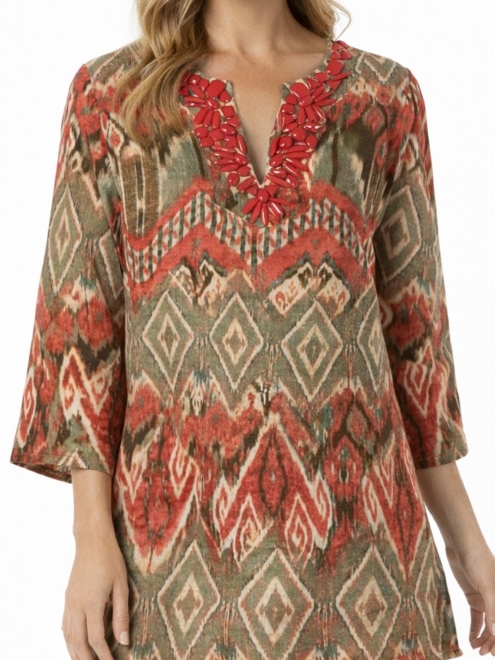 JONES NEW YORK Size Medium 100% Linen Embellished Yoke Tunic Ikat Loden Art
